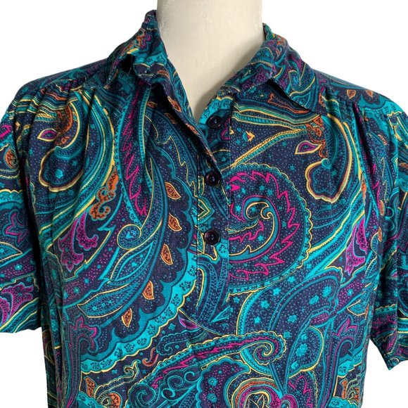 Vintage Alfred Dunner Polo Shirt M Blue Paisley Elastic Buttons Short Sleeves - Picture 2 of 6